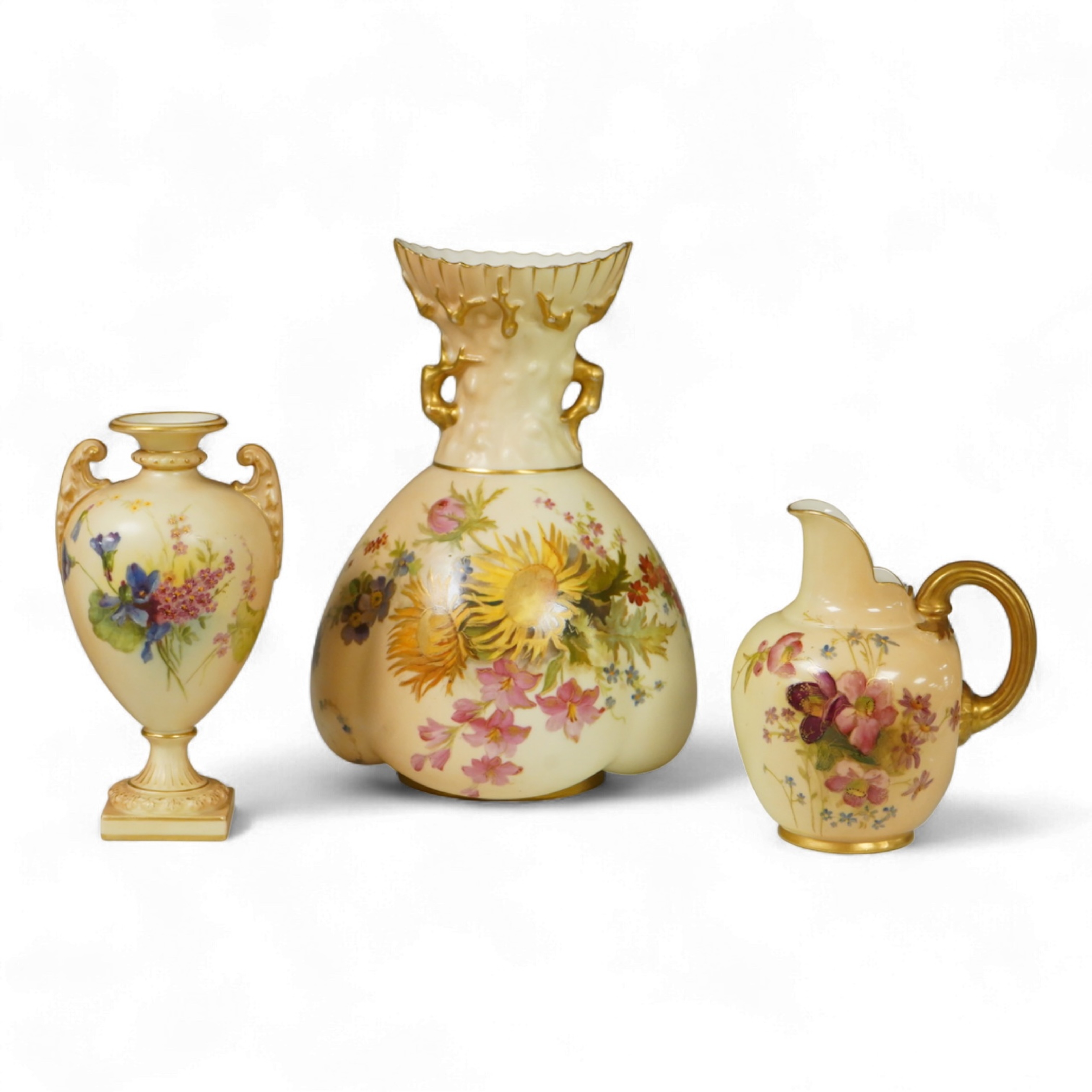 Three pieces of Royal Worcester blush ivory porcelain vessels, tallest 20cm